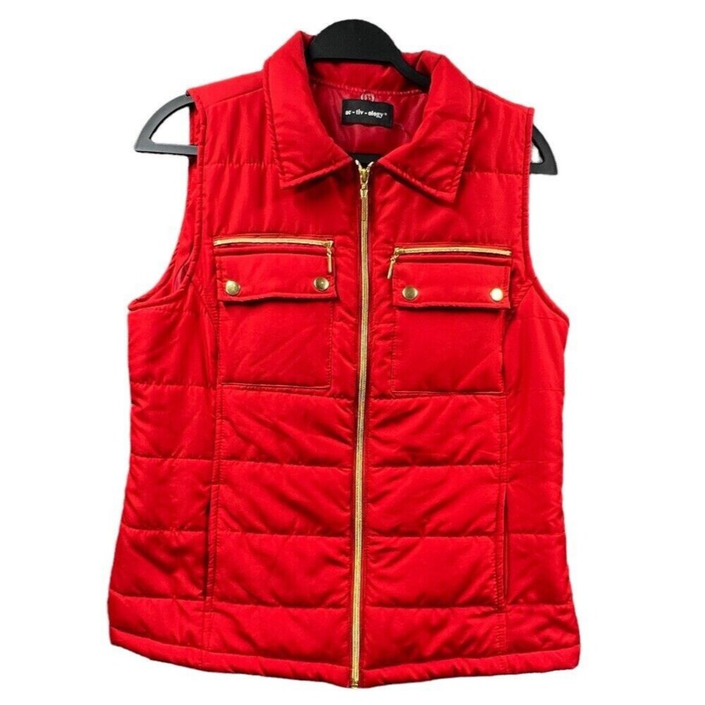 Ac-tiv-ology Activology Quilted Vest‎ Womens Medium Red Goldtone Full Front Zip